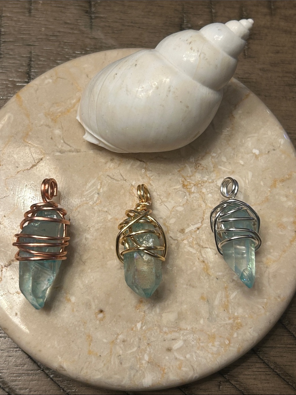 Aqua Aura Quartz crystals Wire-Wrapped Pendants- Multiple Metal Finishes